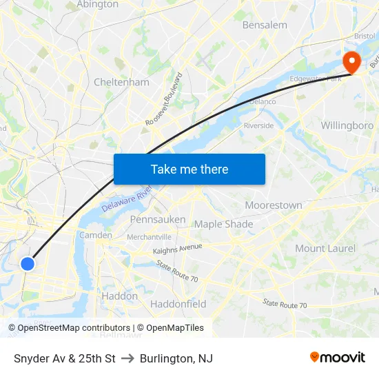Snyder Av & 25th St to Burlington, NJ map