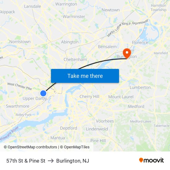 57th St & Pine St to Burlington, NJ map