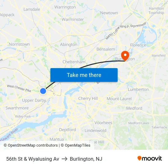 56th St & Wyalusing Av to Burlington, NJ map