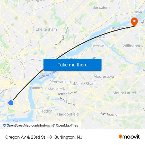Oregon Av & 23rd St to Burlington, NJ map