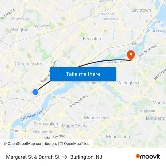 Margaret St & Darrah St to Burlington, NJ map