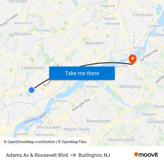 Adams Av & Roosevelt Blvd to Burlington, NJ map