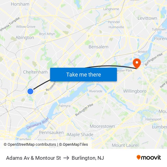 Adams Av & Montour St to Burlington, NJ map