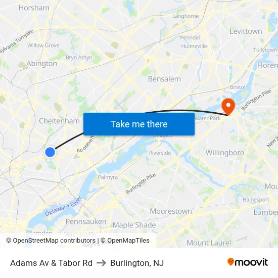 Adams Av & Tabor Rd to Burlington, NJ map