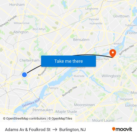 Adams Av & Foulkrod St to Burlington, NJ map