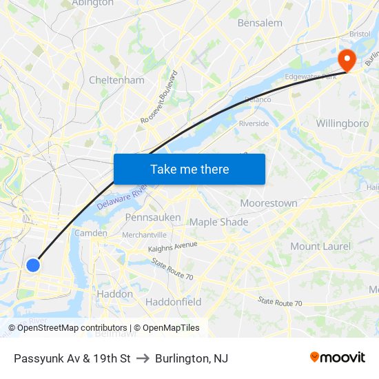 Passyunk Av & 19th St to Burlington, NJ map