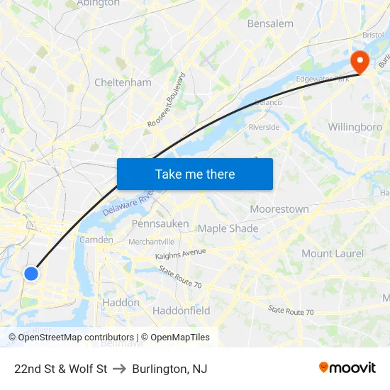22nd St & Wolf St to Burlington, NJ map