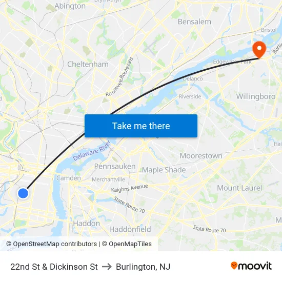 22nd St & Dickinson St to Burlington, NJ map