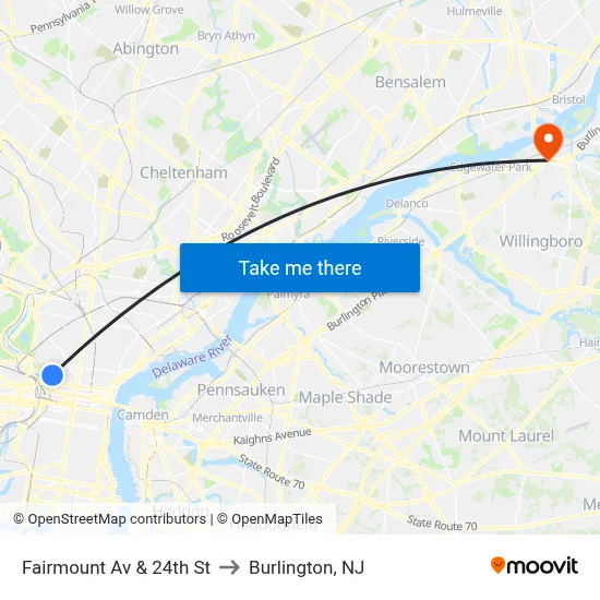 Fairmount Av & 24th St to Burlington, NJ map