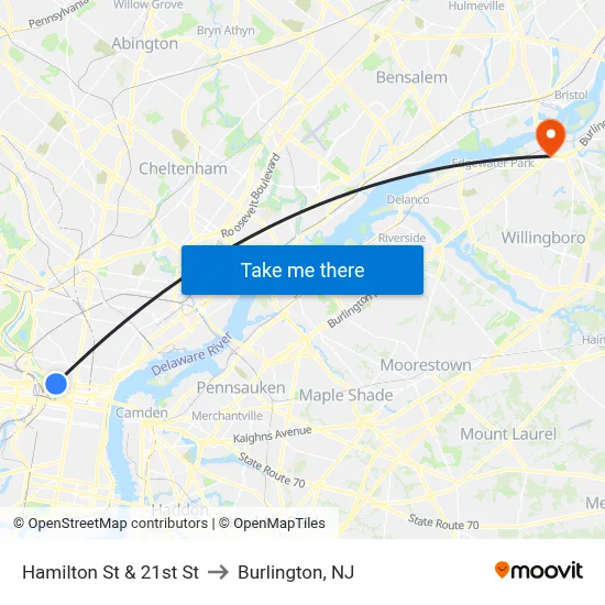 Hamilton St & 21st St to Burlington, NJ map