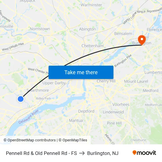 Pennell Rd & Old Pennell Rd - FS to Burlington, NJ map