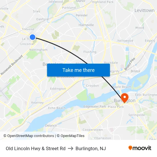 Old Lincoln Hwy & Street Rd to Burlington, NJ map