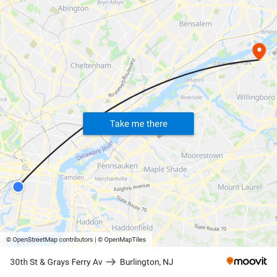 30th St & Grays Ferry Av to Burlington, NJ map
