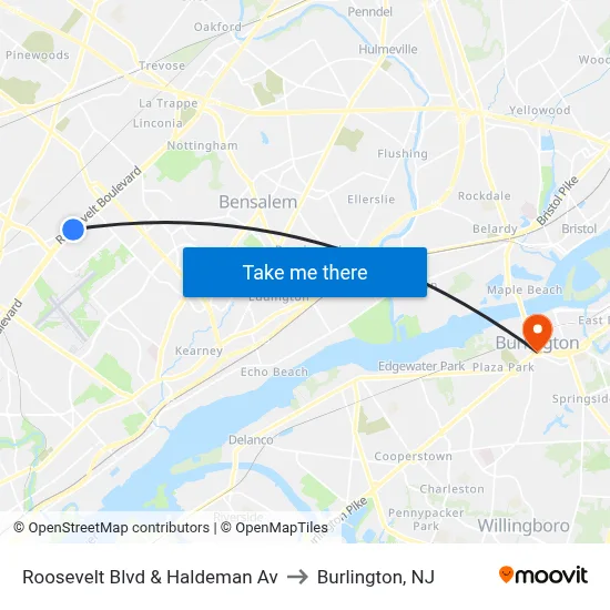 Roosevelt Blvd & Haldeman Av to Burlington, NJ map