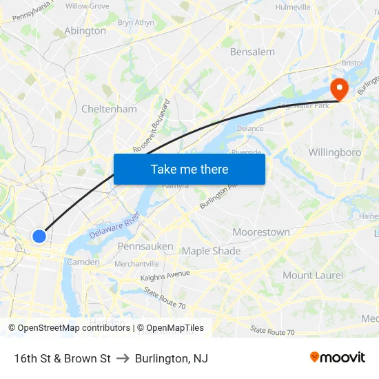 16th St & Brown St to Burlington, NJ map