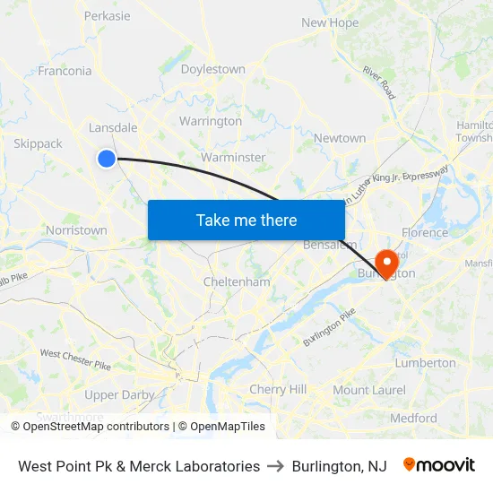 West Point Pk & Merck Laboratories to Burlington, NJ map