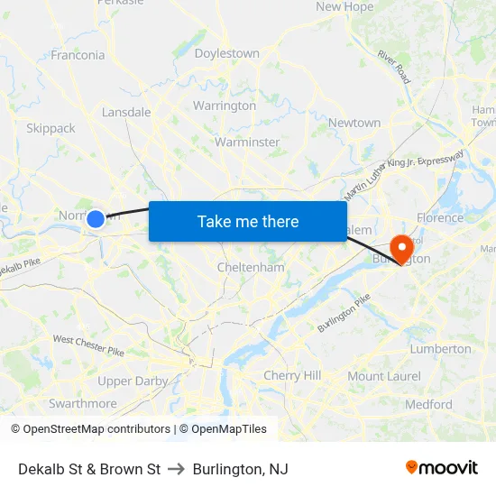 Dekalb St & Brown St to Burlington, NJ map