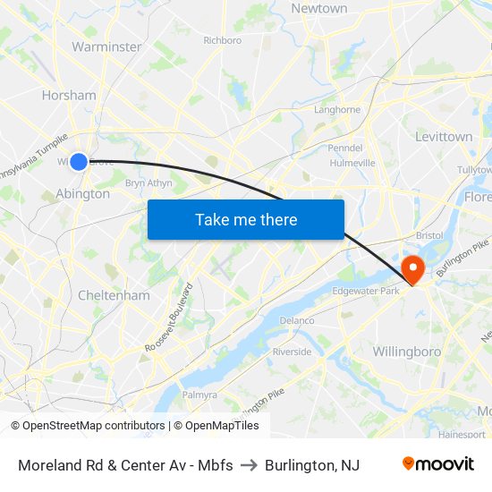 Moreland Rd & Center Av - Mbfs to Burlington, NJ map