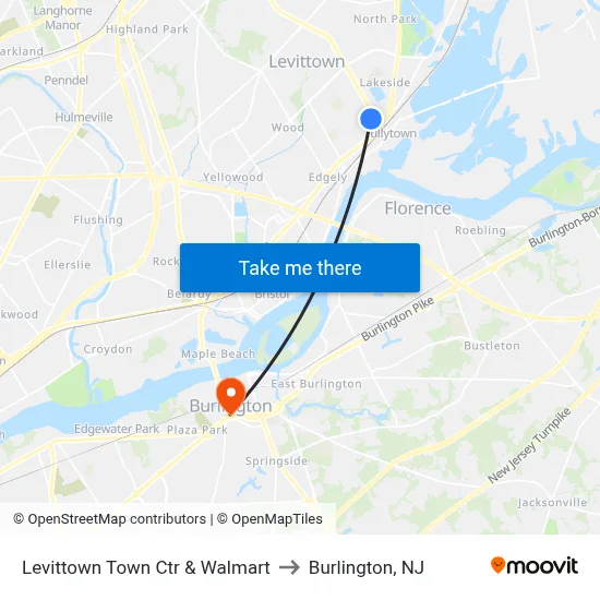 Levittown Town Ctr & Walmart to Burlington, NJ map