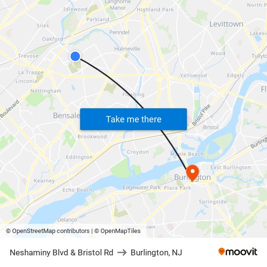 Neshaminy Blvd & Bristol Rd to Burlington, NJ map