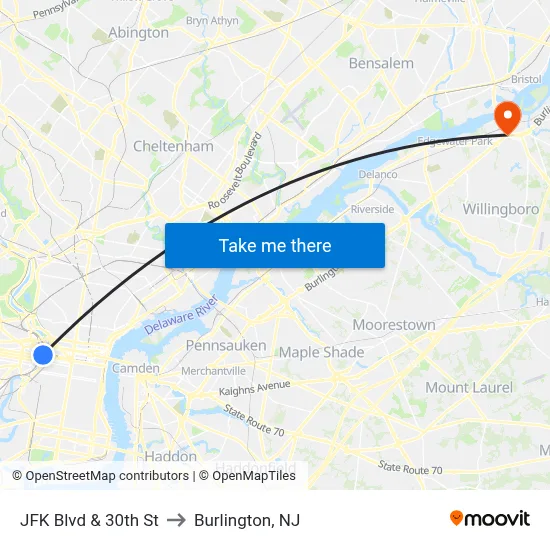 JFK Blvd & 30th St to Burlington, NJ map