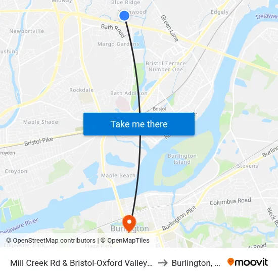 Mill Creek Rd & Bristol-Oxford Valley Rd to Burlington, NJ map