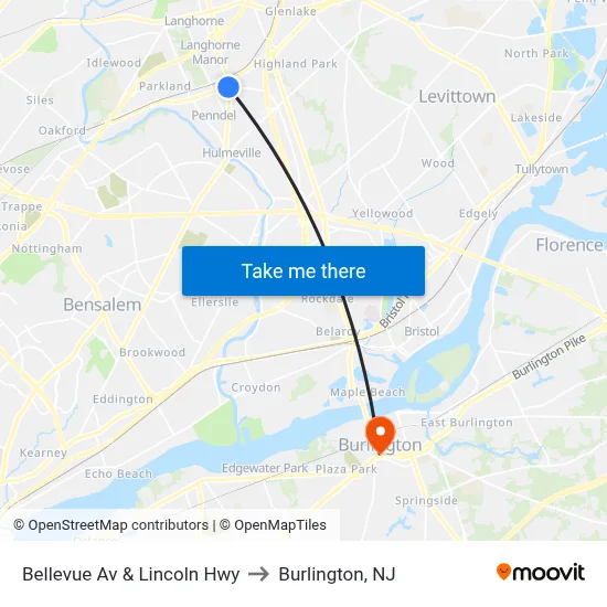 Bellevue Av & Lincoln Hwy to Burlington, NJ map