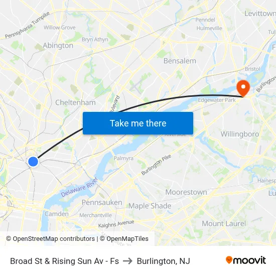 Broad St & Rising Sun Av - Fs to Burlington, NJ map
