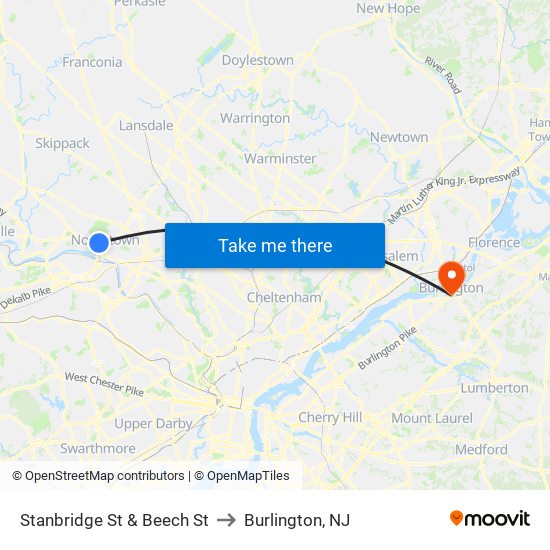 Stanbridge St & Beech St to Burlington, NJ map