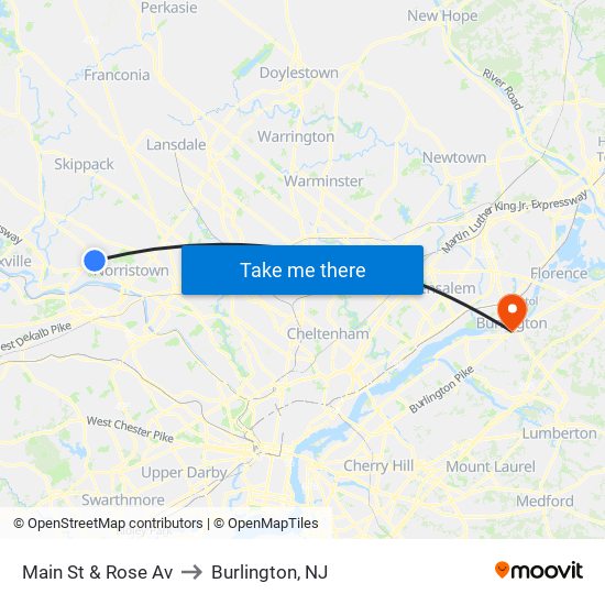 Main St & Rose Av to Burlington, NJ map