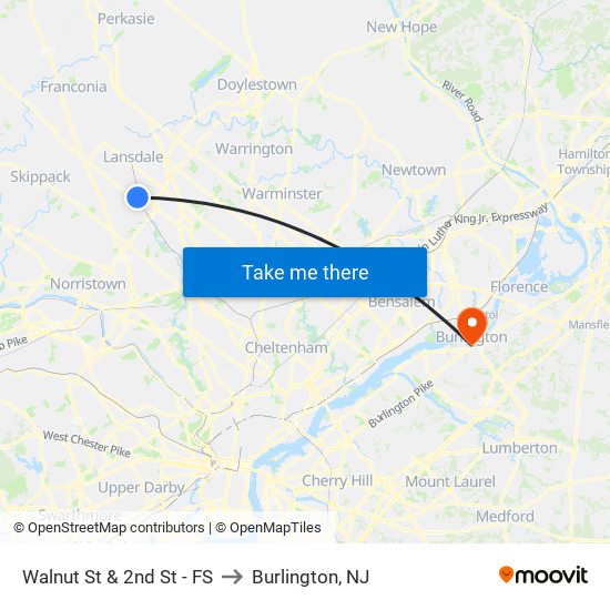 Walnut St & 2nd St - FS to Burlington, NJ map