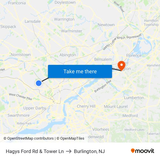 Hagys Ford Rd & Tower Ln to Burlington, NJ map