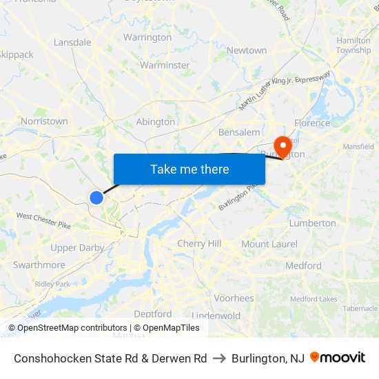 Conshohocken State Rd & Derwen Rd to Burlington, NJ map