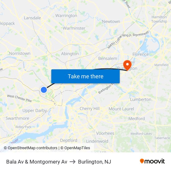 Bala Av & Montgomery Av to Burlington, NJ map
