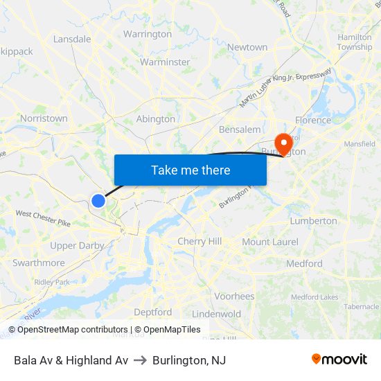 Bala Av & Highland Av to Burlington, NJ map