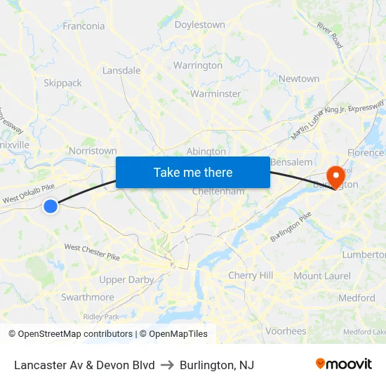 Lancaster Av & Devon Blvd to Burlington, NJ map