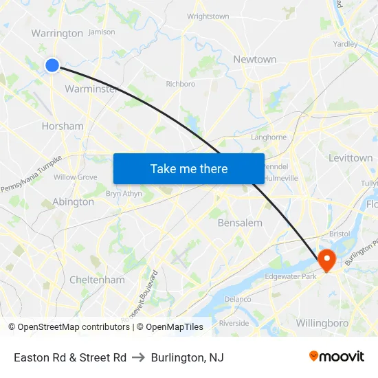 Easton Rd & Street Rd to Burlington, NJ map