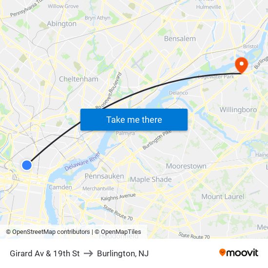Girard Av & 19th St to Burlington, NJ map