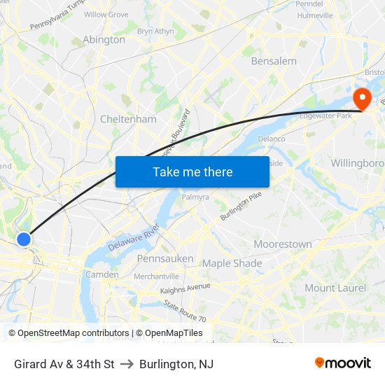 Girard Av & 34th St to Burlington, NJ map