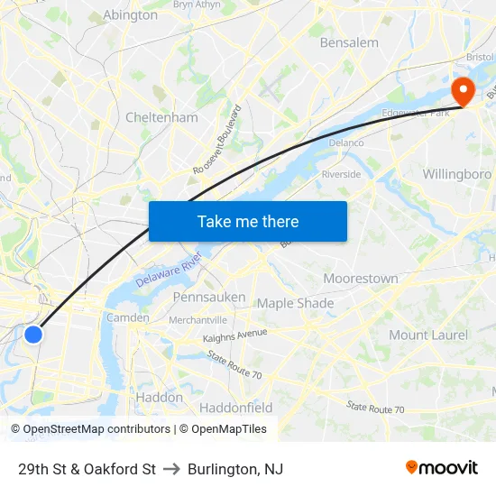 29th St & Oakford St to Burlington, NJ map