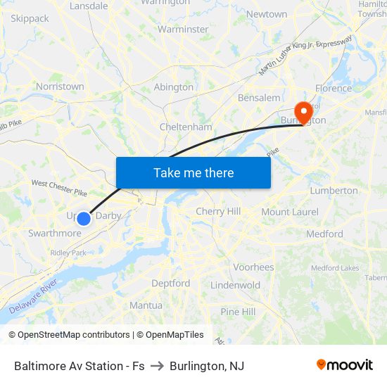 Baltimore Av Station - Fs to Burlington, NJ map