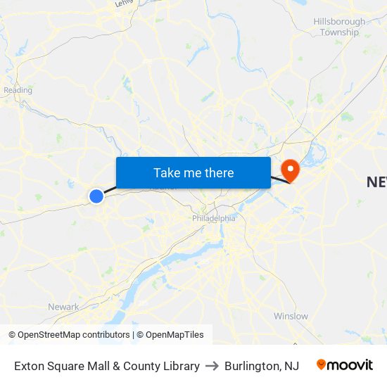 Exton Square Mall & County Library to Burlington, NJ map
