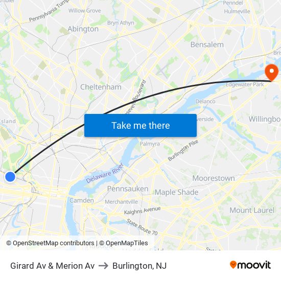 Girard Av & Merion Av to Burlington, NJ map