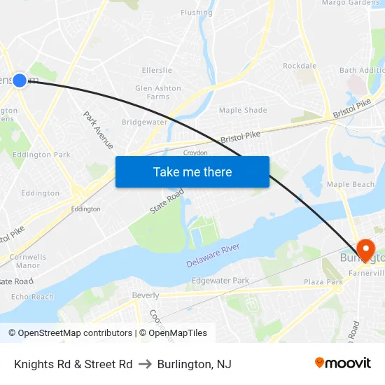 Knights Rd & Street Rd to Burlington, NJ map