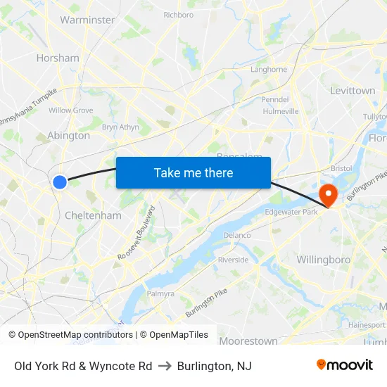 Old York Rd & Wyncote Rd to Burlington, NJ map