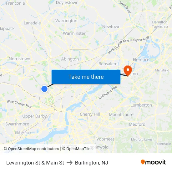 Leverington St & Main St to Burlington, NJ map