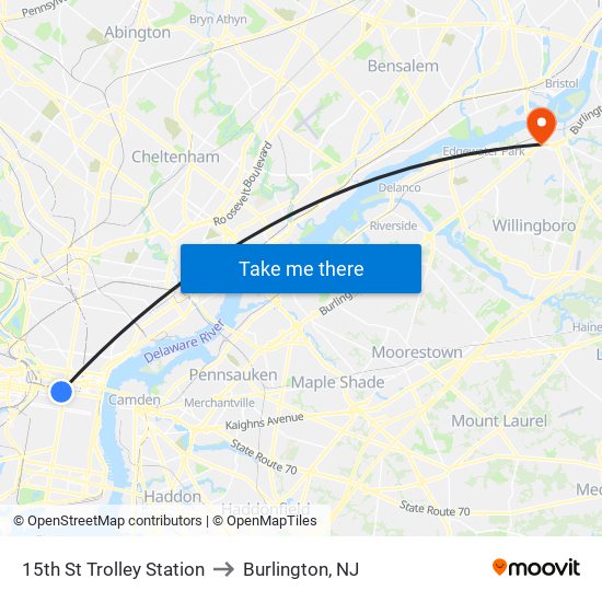 15th St Trolley Station to Burlington, NJ map