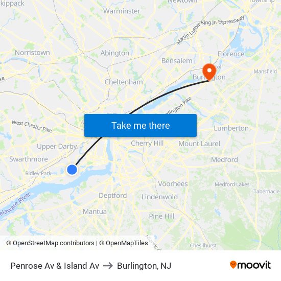 Penrose Av & Island Av to Burlington, NJ map