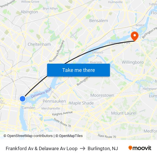 Frankford Av & Delaware Av Loop to Burlington, NJ map