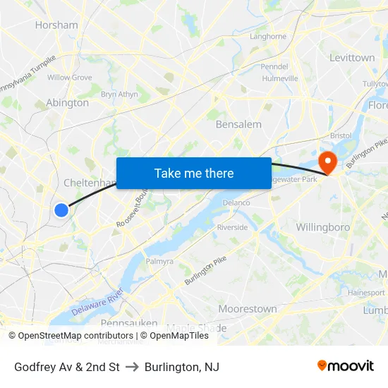 Godfrey Av & 2nd St to Burlington, NJ map